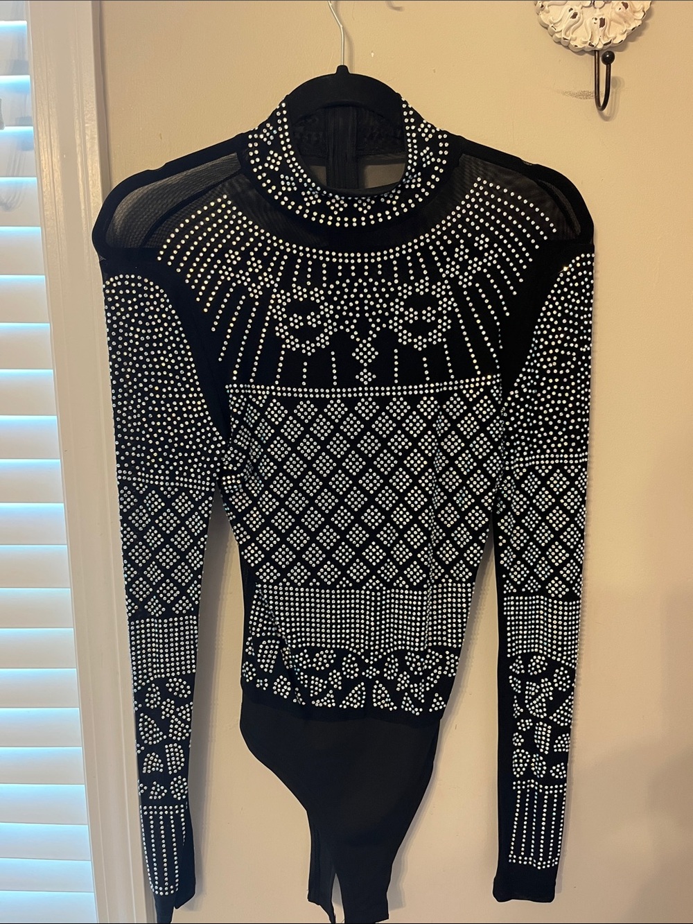 Concert Ready - Black Embellished Long-Sleeve Bodysuit with Rhinestone Pattern